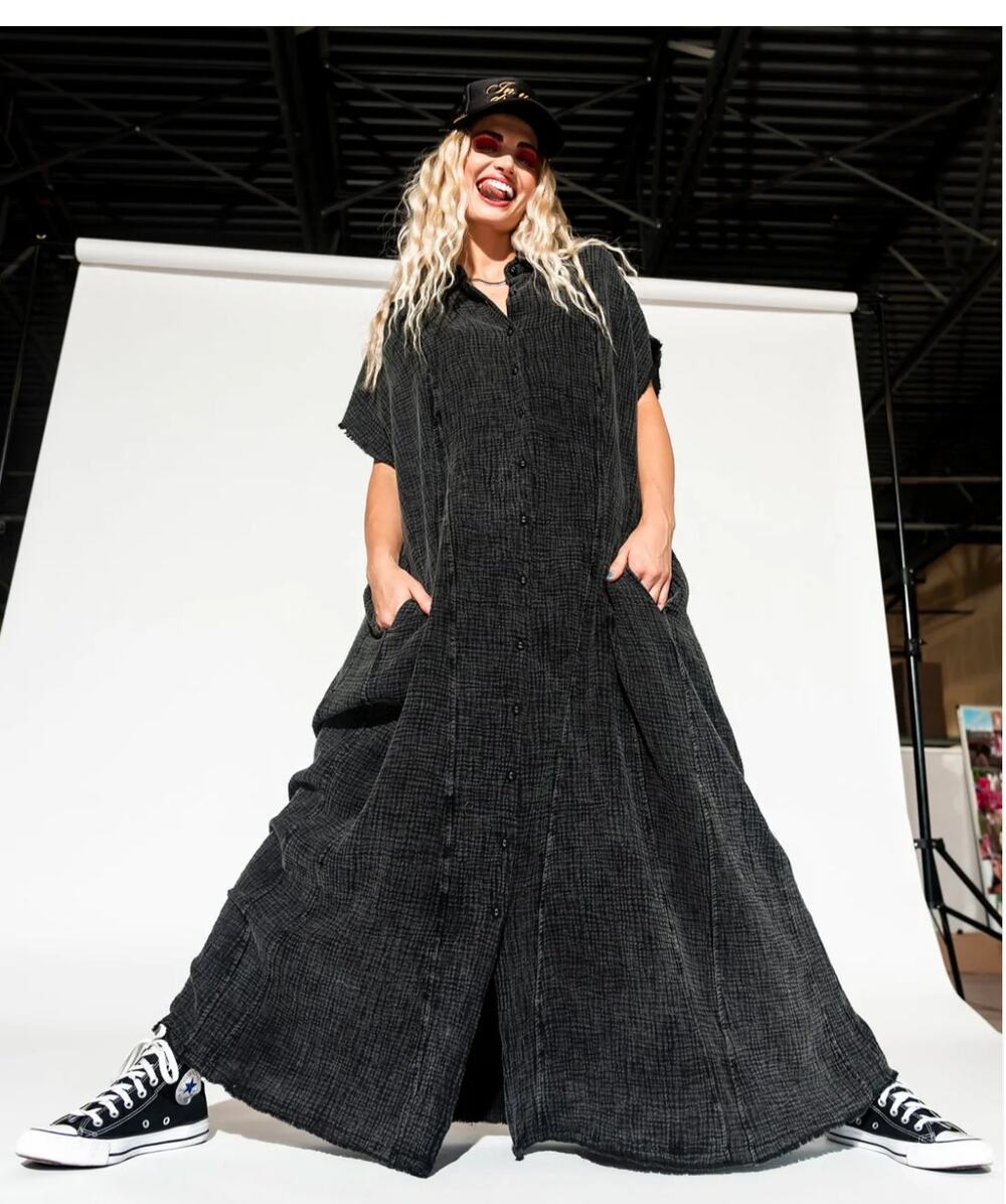 Dressed in LALA California Cool Oversized Maxi Dress in Black Mineral Wash 2XL